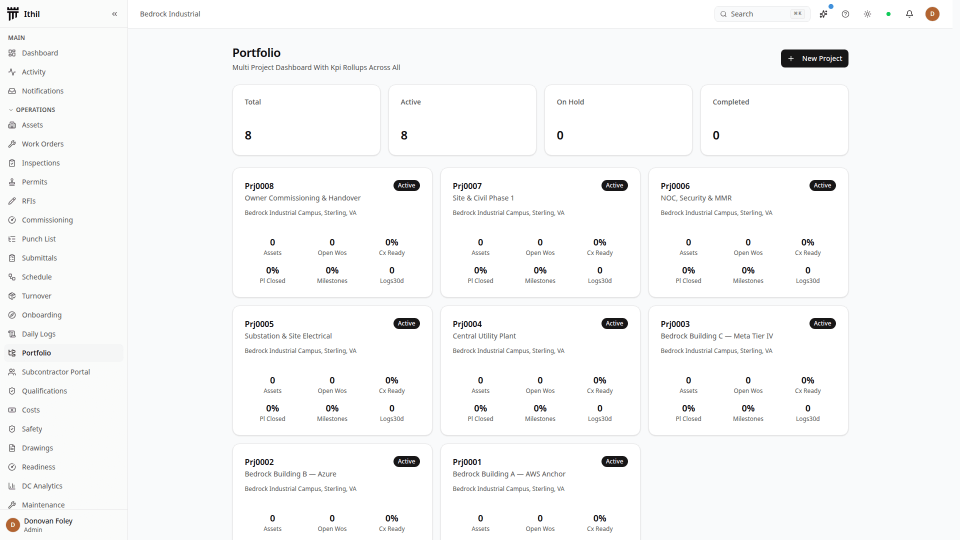 Multi-project portfolio dashboard with KPI rollups across multiple data-center construction projects