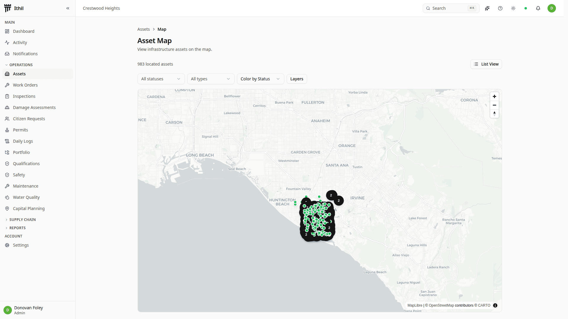Ithil asset map zoomed in on a dense municipal asset cluster, light theme