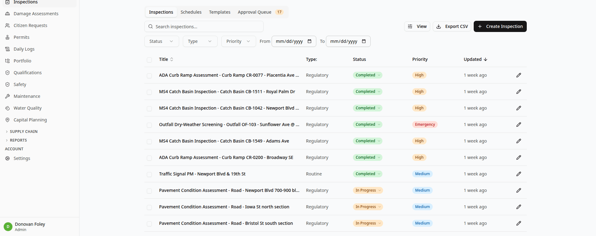 Inspections table with template, asset, inspector, and completion status, light theme