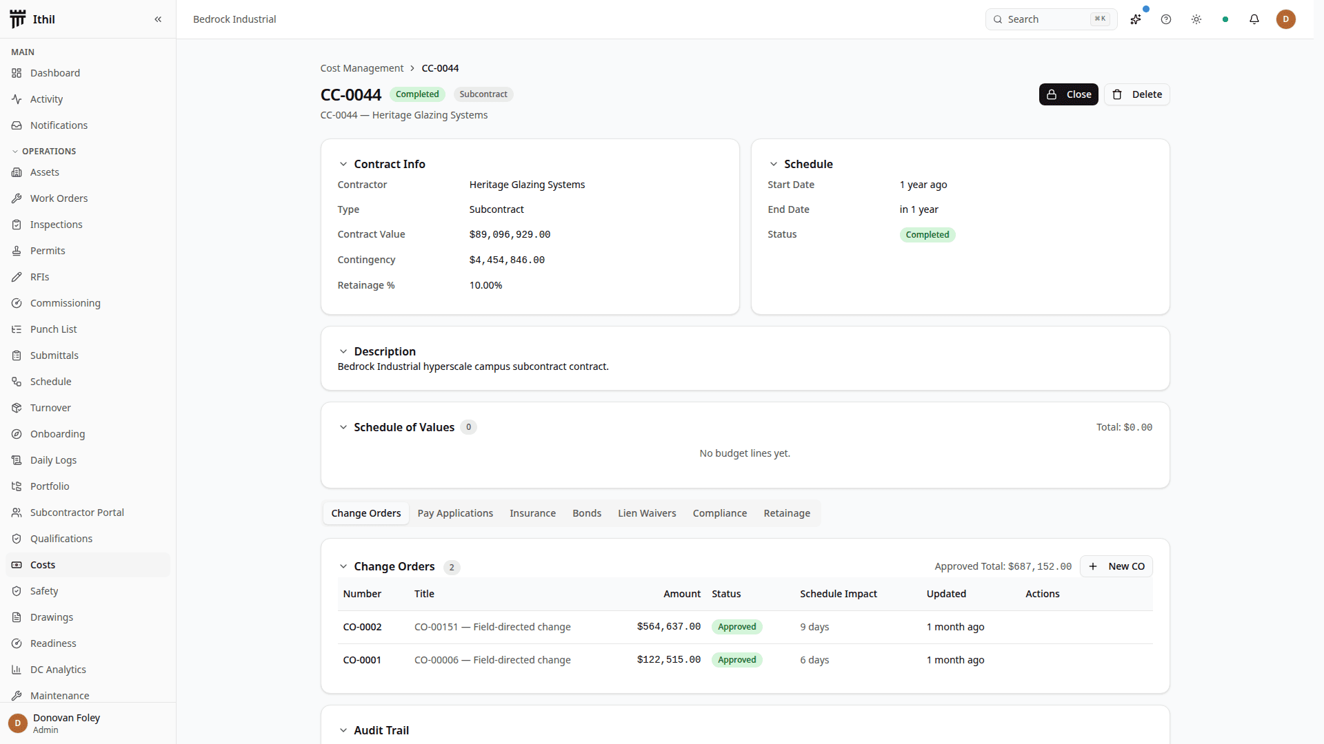 Cost management: change-order request detail with budget, schedule, and cost-axis impact analysis (PMI Appendix F-validated EVM)