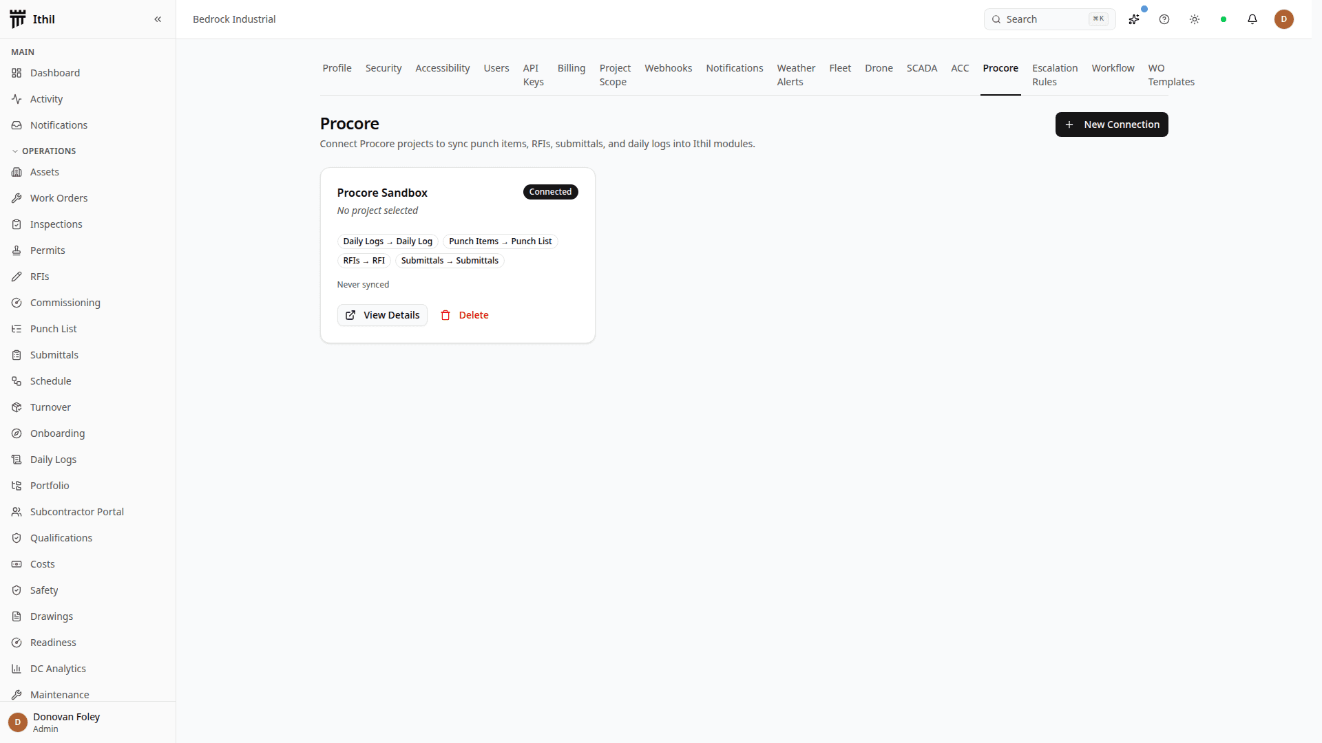 Ithil Procore integration connection panel