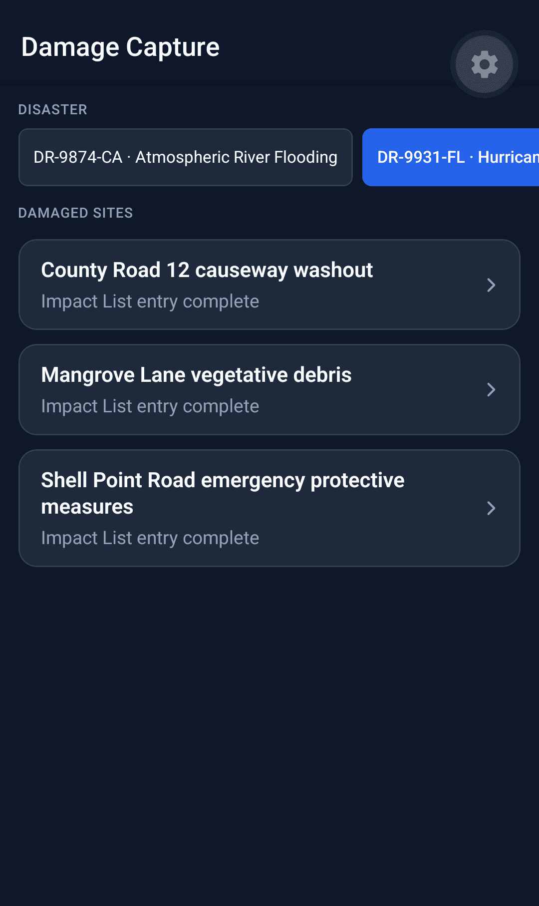 Damage Capture on a phone for disaster DR-9931-FL, listing three damaged sites, each with its Impact List entry complete