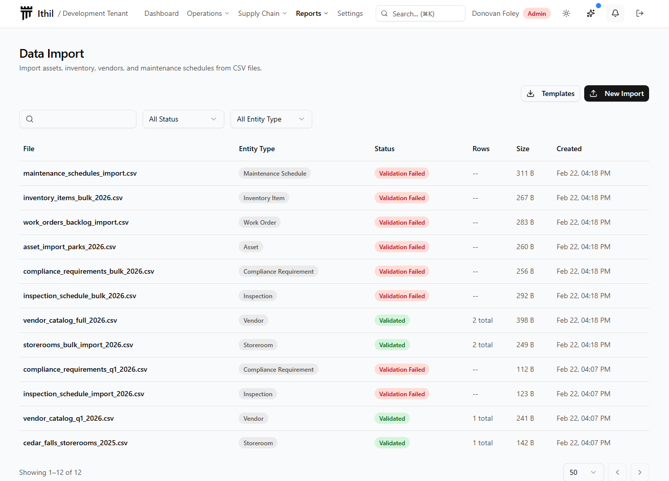 Ithil data import interface showing CSV column mapping, validation, and error reporting