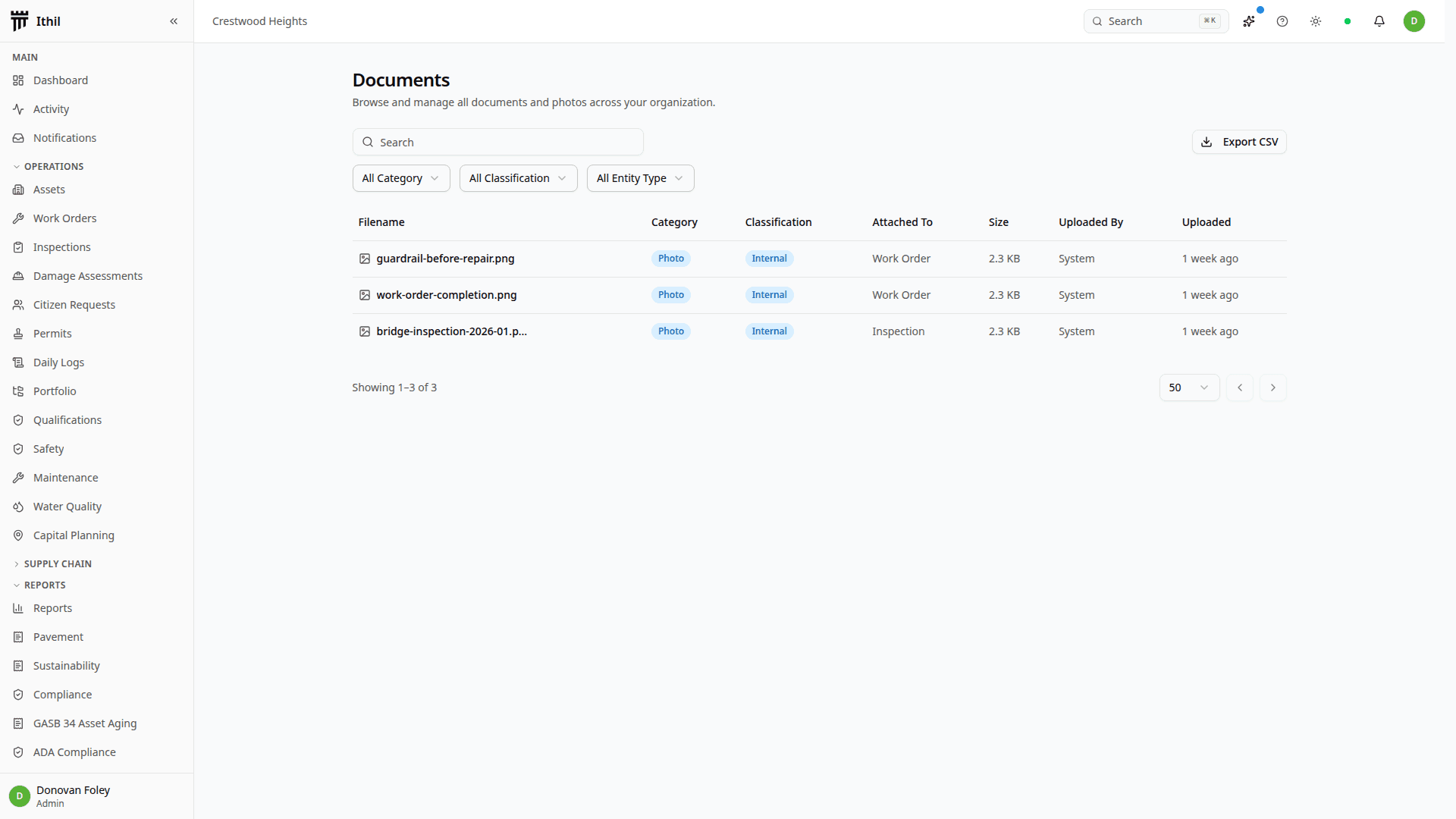 Documents library with category, classification, attached-to, and uploader columns