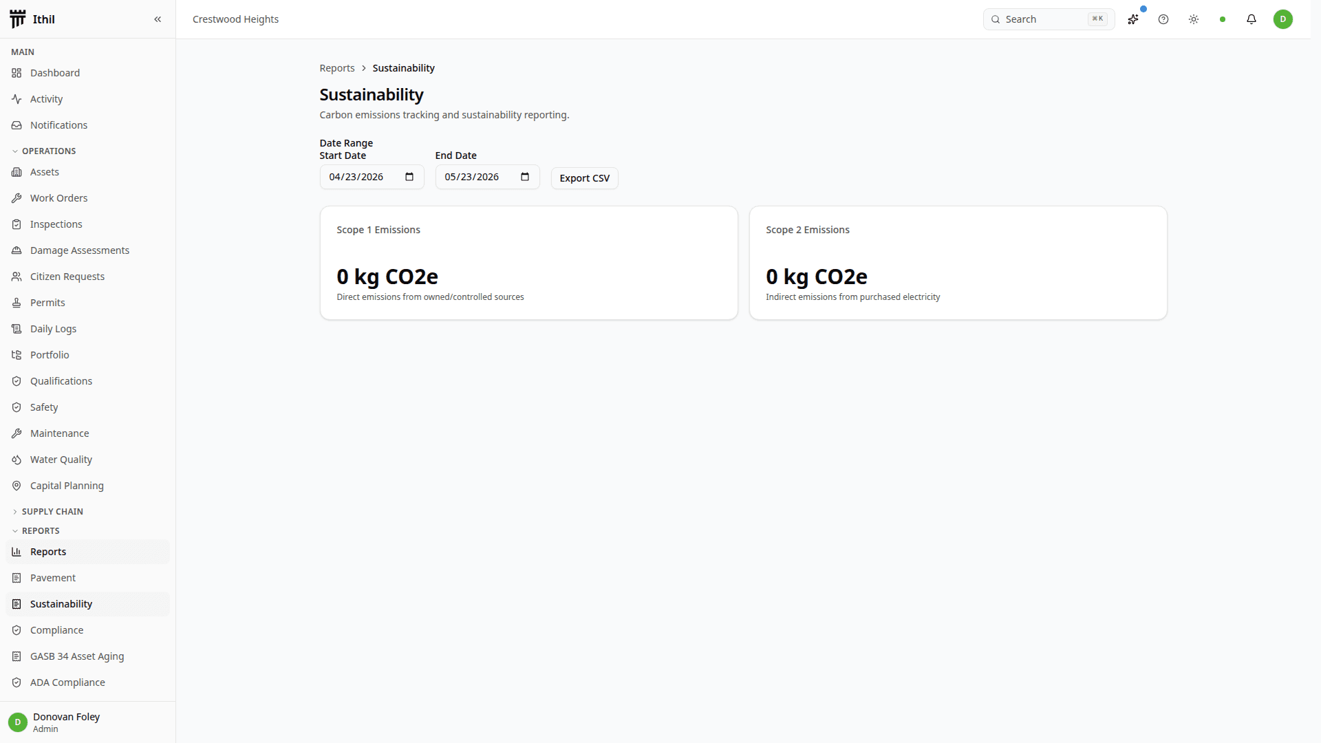 Sustainability dashboard with Scope 1 and Scope 2 emissions panels and a date-range CSV export for regulatory reporting