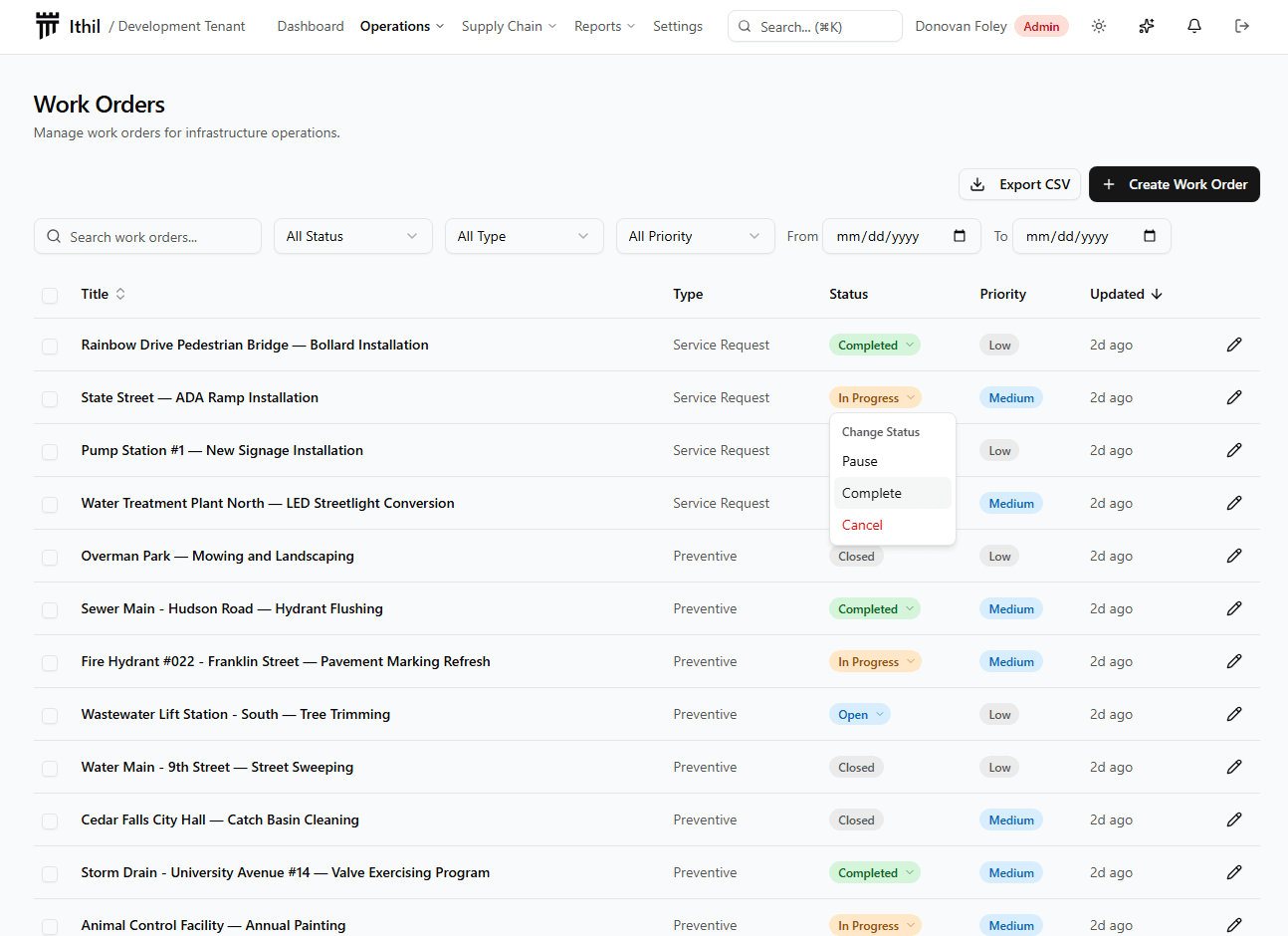 Ithil work order management interface showing task assignment, priority tracking, and audit history